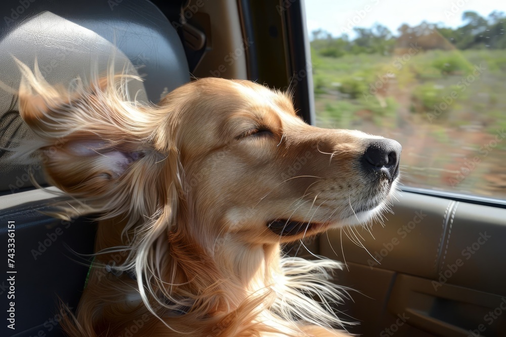 Joyful canine enjoying a car ride Ears flapping in the wind Embodying freedom and happiness