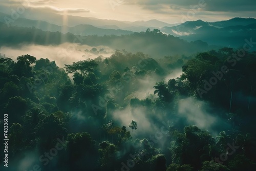Lush amazon rainforest landscape captured from above at dawn Evoking a sense of adventure and exploration