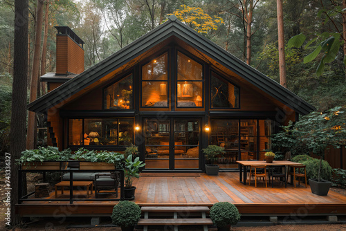 Depth of field stylish summer exterior concept with black wooden cabin house in the forest. Generative AI