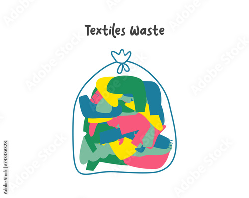 Textiles waste, slow fashion and sustainability fashion illustration. Recycle and sustainable fashion concept. Made textiles, fabrics, garment and eco-friendly clothes.