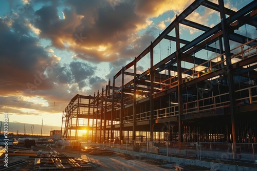 Modern construction site at sunset Featuring the assembly of large steel structures for residential buildings Highlighting industry progress and architectural development