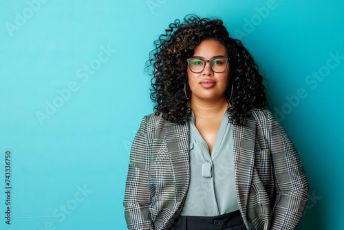 Professional woman with curly hair in a business casual outfit on a vibrant blue background. represents diversity and empowerment in the workplace With ample space for ad copy.
