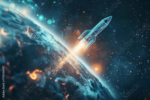 Space exploration concept with a 3d rocket soaring through a digital universe