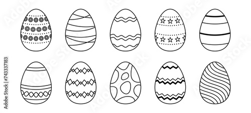 Easter eggs collection. Spring linear egg icon set with different patterns. Doodle style Easter illustration pack for card, invitation, print, sticker, banner, poster. Vector black and white bundle