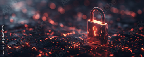 Classic padlock rendered in 3D on abstract microschemes, symbolizing modern technology security with warm and cold light effects for depth. photo