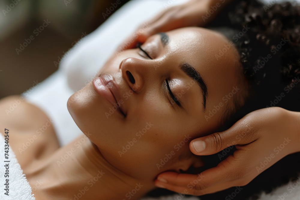 Naklejka premium Young black woman enjoying relaxing facial massage in spa