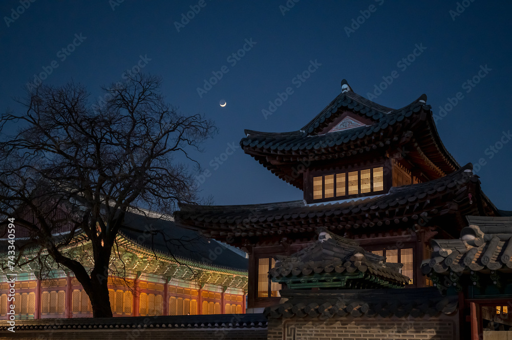 Night view of an ancient palace building in Seoul, South Korea