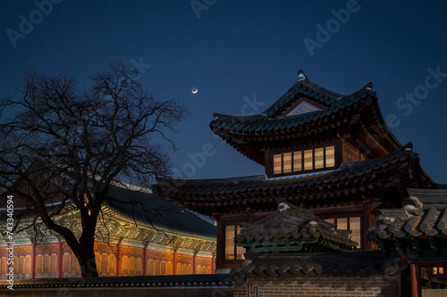 Night view of an ancient palace building in Seoul  South Korea