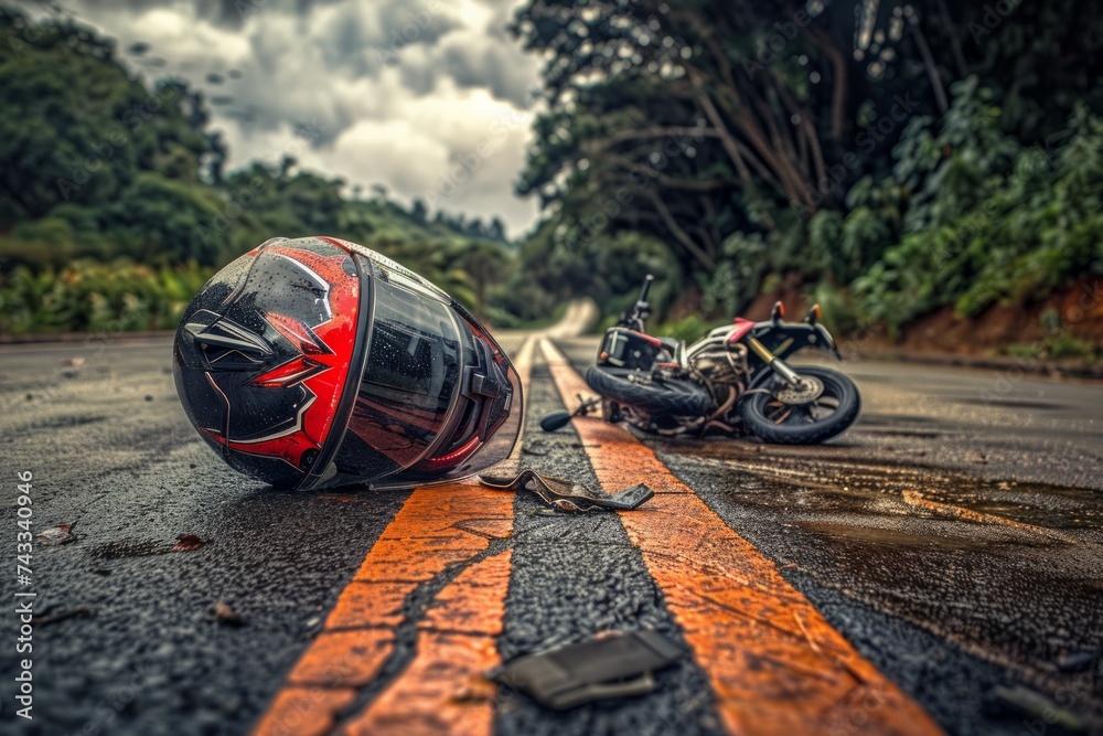 A motorcycle accident scene with a helmet and bike on the road. - obrazy, fototapety, plakaty 