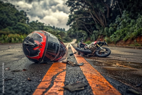 A motorcycle accident scene with a helmet and bike on the road. photo