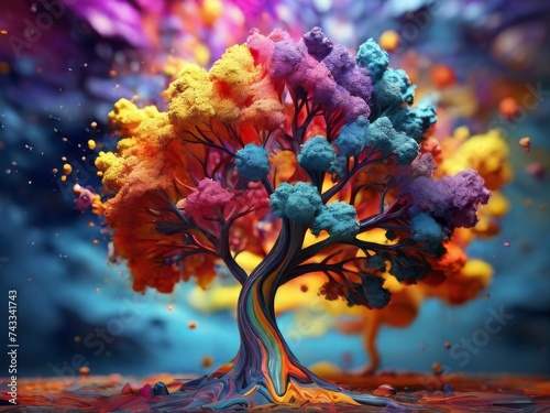 colorful rainbow tree and splashing smoke bomb