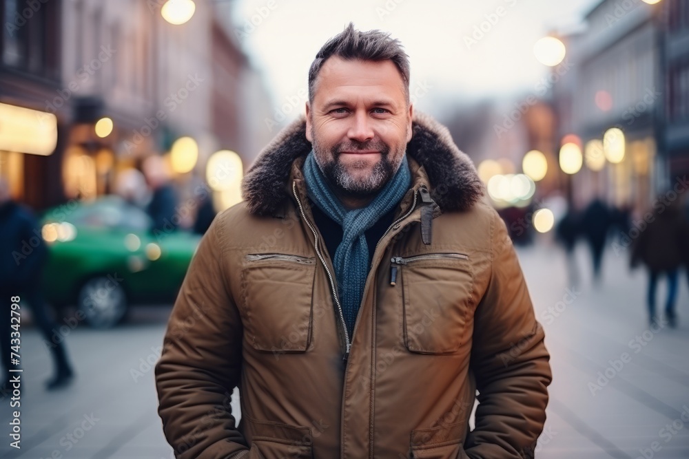 Handsome middle-aged man with a beard in a warm coat on a city street