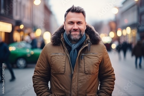 Handsome middle-aged man with a beard in a warm coat on a city street