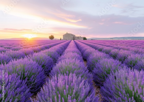 Peaceful sunrise over a vast lavender field leading to a farmhouse  embodying the fresh start of a day in a beautiful  pastoral landscape