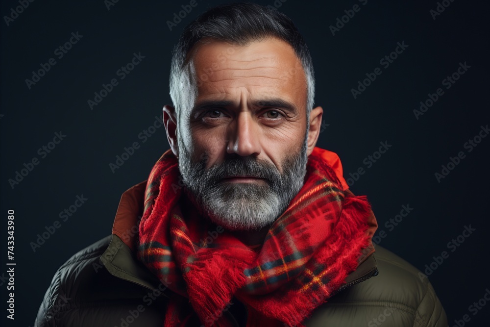 Portrait of a handsome bearded man wearing a red scarf. Men's beauty, fashion. Portrait of a handsome bearded man wearing a red scarf. Men's beauty, fashion.