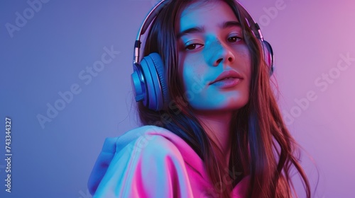 Wallpaper Mural Electrifying Style: Fashionable Teenager Model Rocking a Hoodie and Headphones, Dancing to DJ Music in the Enchanting Glow of Purple Neon Lights Torontodigital.ca