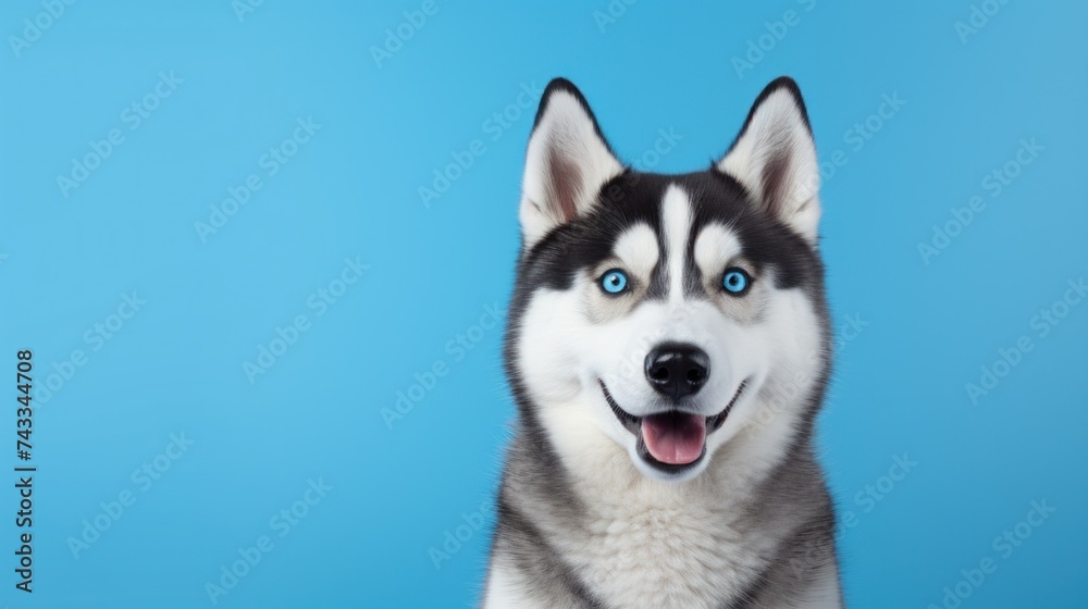 Siberian husky dog face portrait, blue studio background