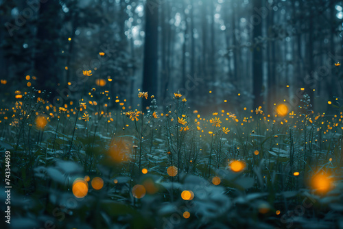 Enchanted Forest Scene with Fireflies at Night