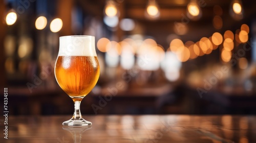 Glass of beer on wooden table top in front, blurred pub background. Cold beer on bar counter, close-up view