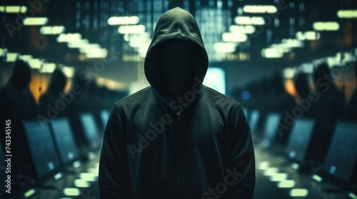 Hacker silhouette, blurred server room background. Internet scams news banner. Web security photo