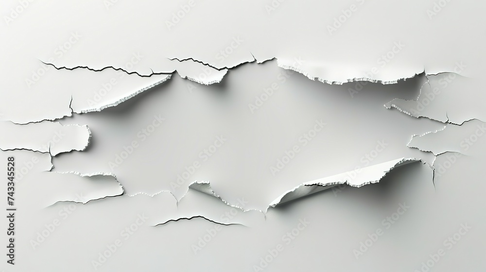 Paper hole with torn edges design template. Royalty high-quality free stock image of elongated torn paper fragments isolated on white background, hole in the sheet of torn paper fragments overlay