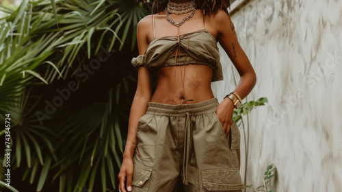 Embrace a laidback bohemian vibe with these loose flowy cargo trousers in a soft khaki color. Complete the look with a breezy offtheshoulder top and some statement jewelry.