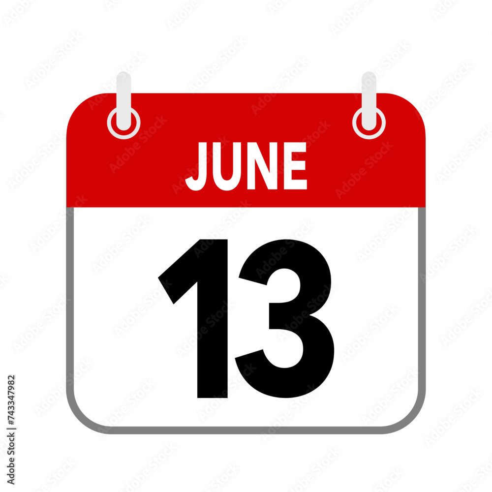 13 June, calendar date icon on white background. 13 June, calendar date icon on white background.