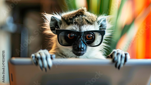 Funny animal peering over a labtop wearing oversized sunglasses a humorous take on tech savvy pets
