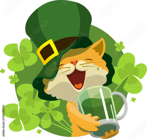 Patrick day party red cute cat drinking green beer on background of lucky clover leaves