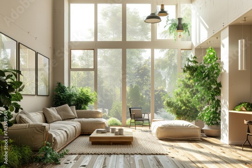 A modern, well-lit living room with large windows, comfortable furniture, and an abundance of greenery. © ParinApril