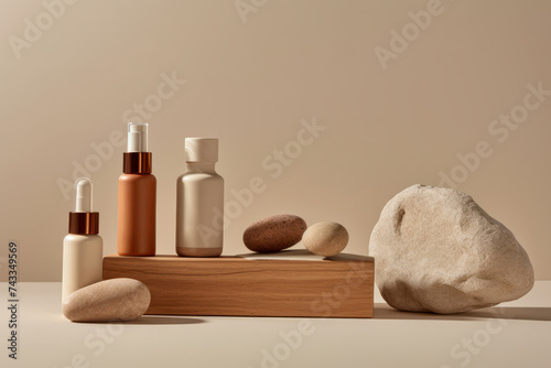 skincare products on a clean light beige background, accentuating their simplicity and elegance in a minimalist composition that emphasizes cleanliness and purity. Generative AI technology