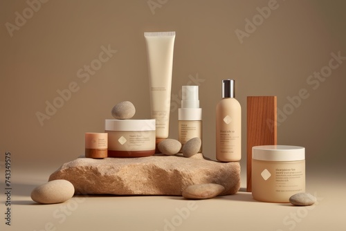 skincare products on a clean light beige background, accentuating their simplicity and elegance in a minimalist composition that emphasizes cleanliness and purity. Generative AI technology