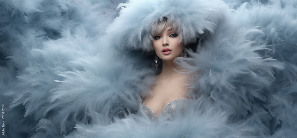 The enigmatic feathers of the grey muse: A stylish fashion model with intricate grey feathers adorning her head, exuding an air of mystery and intrigue