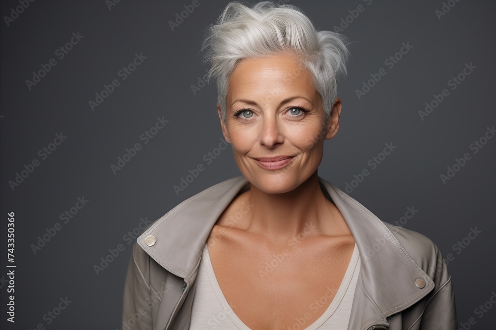 Portrait of a beautiful senior woman with short white hair and gray eyes.