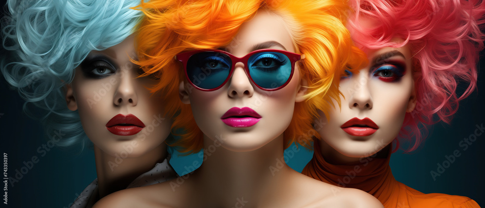 The three rainbow-haired wonders. Three fashionable women with uniquely colored hair stand together, showcasing their individuality and style choices - obrazy, fototapety, plakaty 
