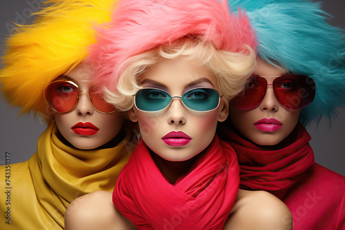Vibrant mannequins: Three mannequins stand adorned in vibrant wigs and stylish sunglasses, showcasing a bold and imaginative fashion statement