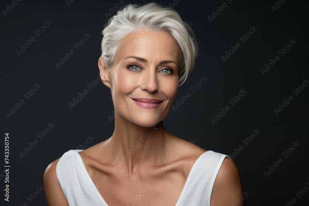 Portrait of beautiful mature woman smiling at camera. Studio shot. Portrait of beautiful mature woman smiling at camera. Studio shot.