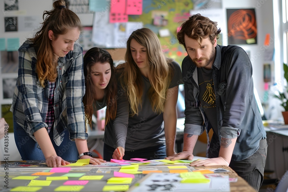Fototapeta premium Creative Team of Students Collaborating with Sticky Notes in an Office