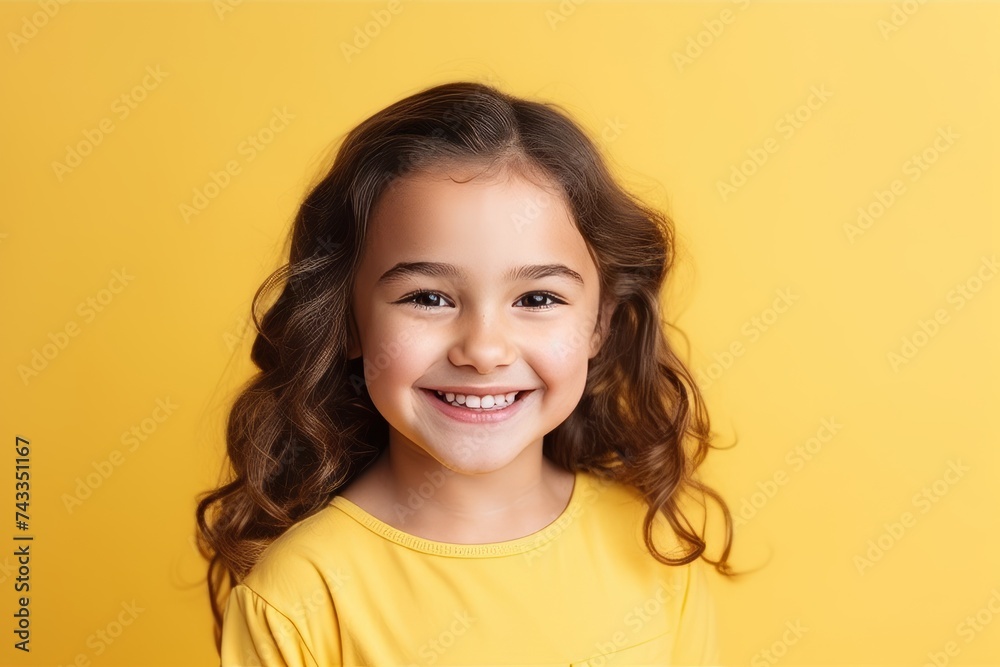 Portrait of a cute little girl smiling at camera over yellow background Portrait of a cute little girl smiling at camera over yellow background
