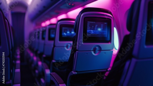 A closeup of a striking ad for a new international airline highlighting their topoftheline inflight entertainment system and comfortable seating options.