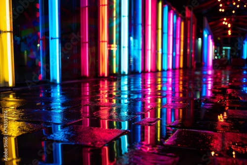 Perspective view of a neon-lit street with vibrant, colorful reflections on a wet surface, creating a cyberpunk aesthetic.