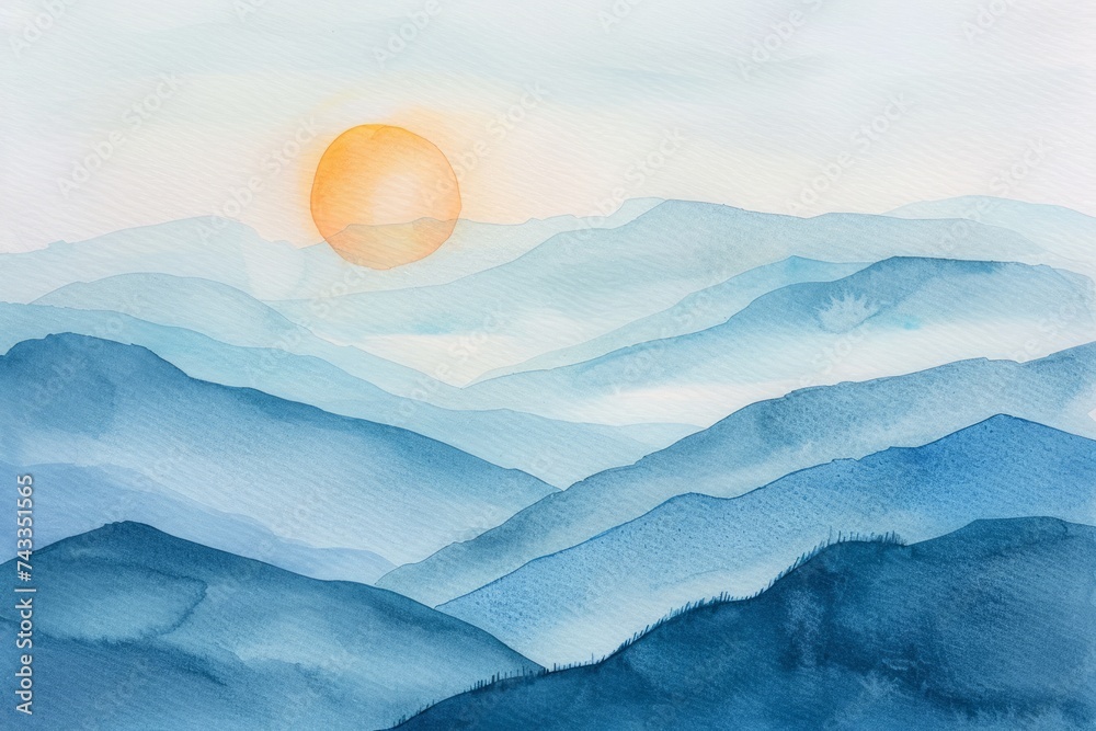 A serene watercolor painting of layered mountain ranges with a muted ...