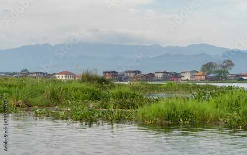 Inle Lake City, The Floating village urban city town houses, lake sea or river. Nature landscape fisheries and fishing tools, Myanmar. Aquaculture farming