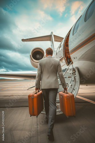 Business traveler boarding private jet for luxurious journey with luggage
