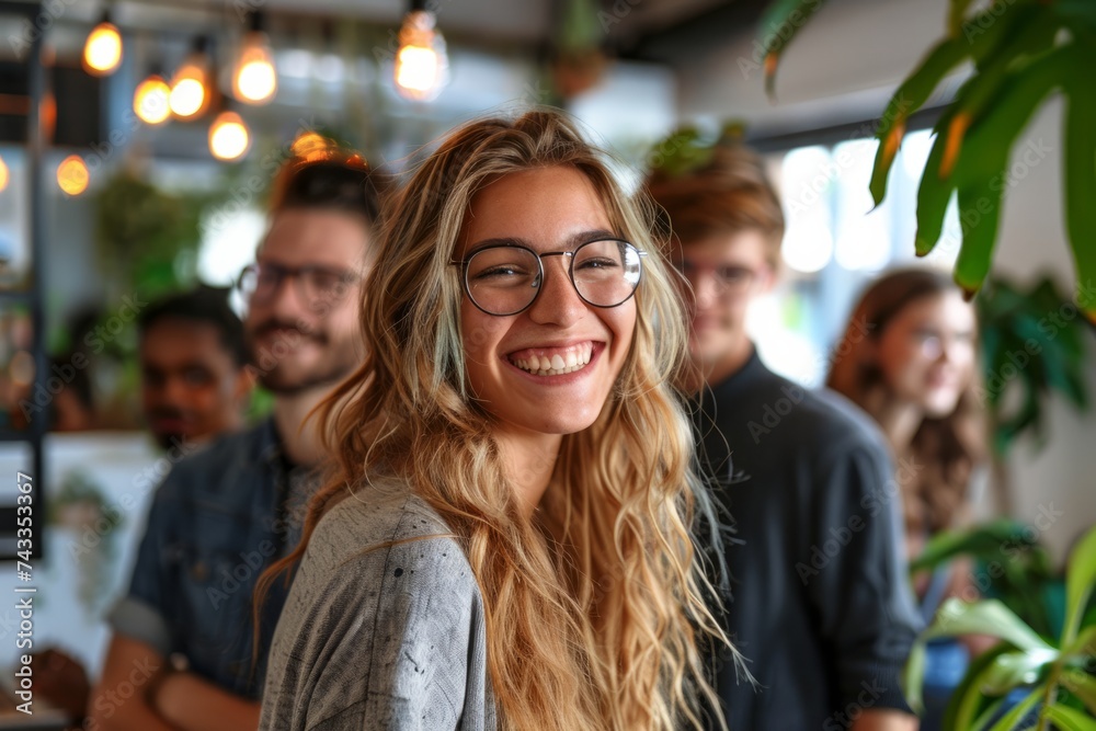 Group of coworkers smiling and collaborating in a brightly lit coworking space, inspiring productivity and collaboration, Generative AI Group of coworkers smiling and collaborating in a brightly lit coworking space, inspiring productivity and collaboration, Generative AI