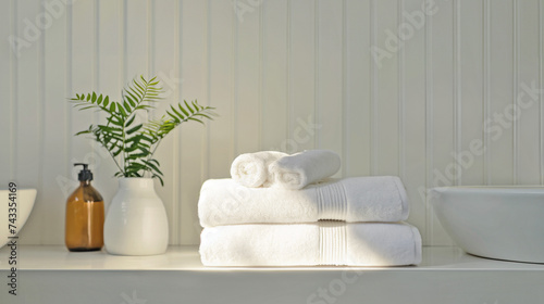 Close-up of white towels and washcloths on luxury bathroom countertop, green plant, basins and beauty products. Minimalist Scandinavian home and spa decor. Horizontal, room for type. High end resort.
