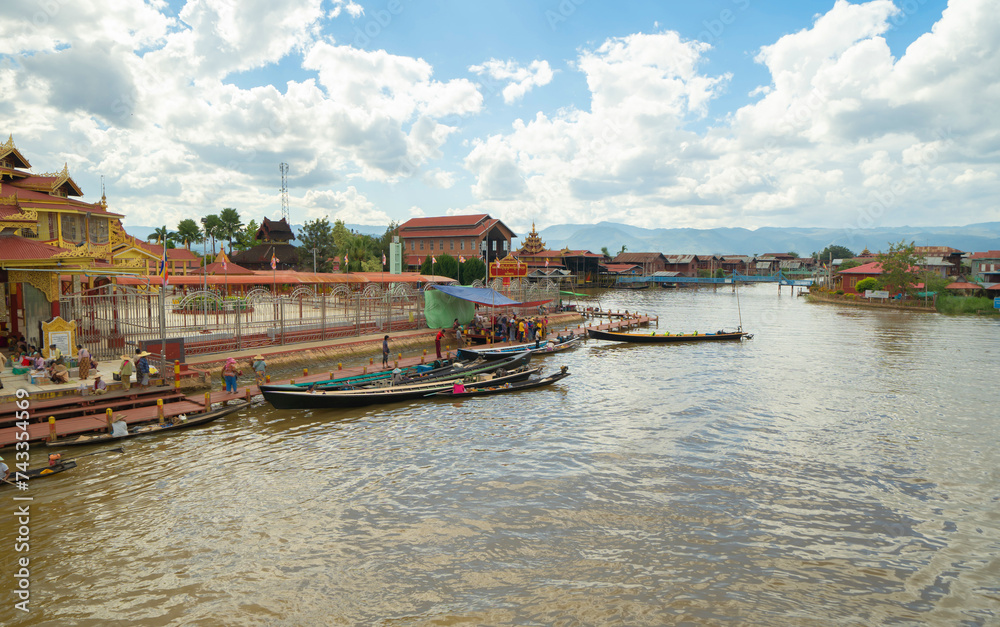 Inle Lake City, The Floating village urban city town houses, lake sea or river. Nature landscape fisheries and fishing tools, Myanmar. Aquaculture farming