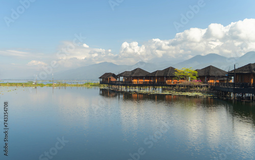 Inle Lake City, The Floating village urban city town houses, lake sea or river. Nature landscape fisheries and fishing tools, Myanmar. Aquaculture farming © tampatra