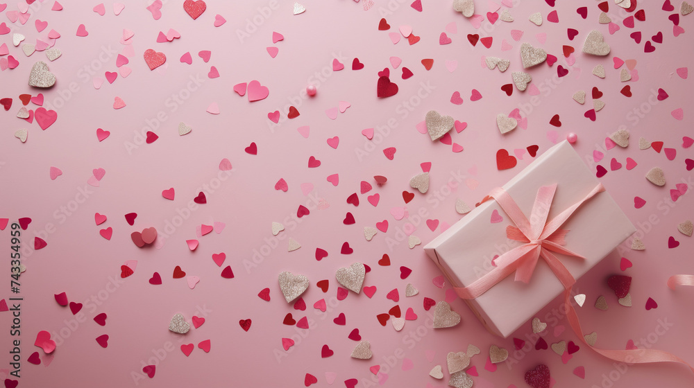 Valentine's Day flat lay composition with gift boxes and hearts on pastel pink background. Flat lay, top view, Generative AI Valentine's Day flat lay composition with gift boxes and hearts on pastel pink background. Flat lay, top view, Generative AI