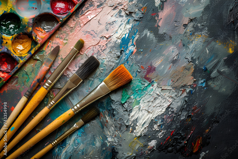 Fototapeta premium Close-up of artist paintbrushes beside a canvas, surrounded by an array of tools including brushes, paints, and a palette scattered across the floor.